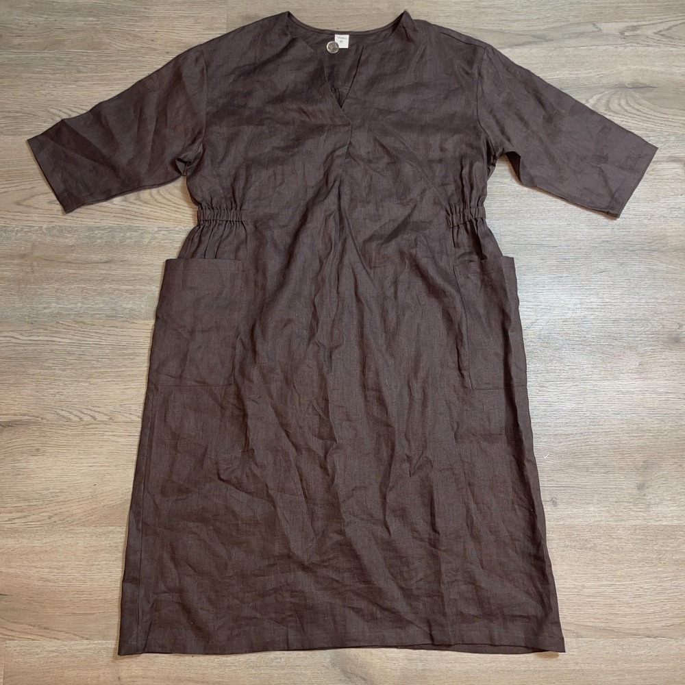 LINTICO 100% Linen Dress Womens XXL Brown Split V-Neck Elastic Waist Pocket Midi